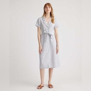 Medium Quince striped, pale blue linen button down shirt dress.